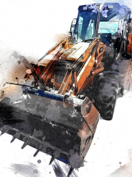 Excavadora Tractor Ilustración Color Aislado Obra Arte Antiguo — Foto de Stock