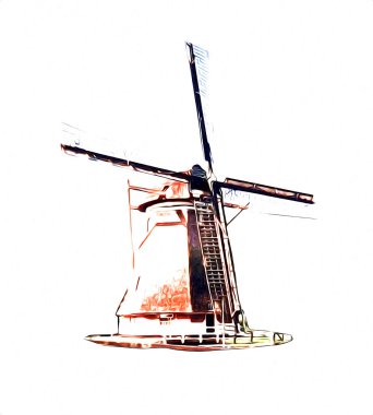 Eski yel değirmeni antika çizim sanatı
