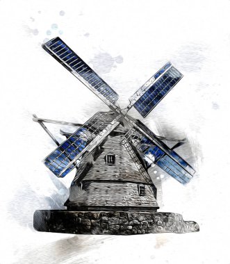 Eski yel değirmeni antika çizim sanatı