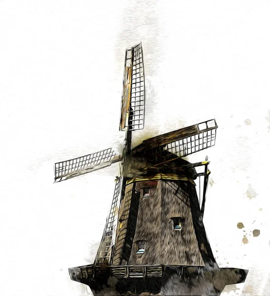 Windmolen Oude Retro Vintage Tekening Illustratie Kunst — Stockfoto