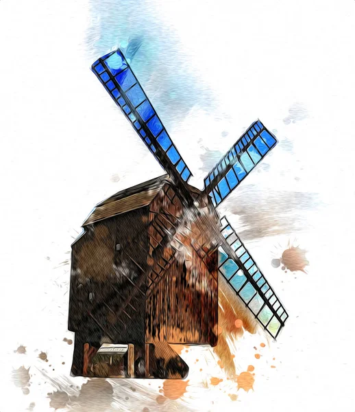 Windmühle Alten Retro Jahrgang Zeichnung Illustration Kunst — Stockfoto