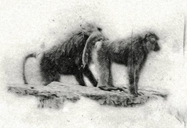 Ağaçların renkli çizimlerinde gerçekçi bir maymun.