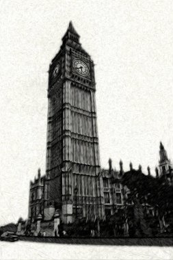 Londra 'nın büyük Ben sanat eseri çizimi, çizim, eğlenceli tasarım, antika retro