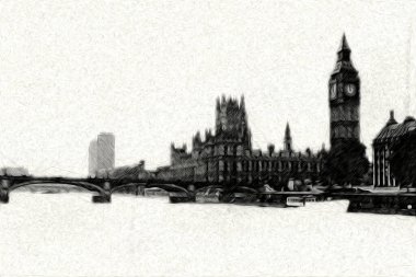 Londra 'nın büyük Ben sanat eseri çizimi, çizim, eğlenceli tasarım, antika retro