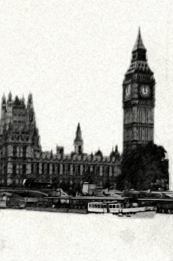 Londra 'nın büyük Ben sanat eseri çizimi, çizim, eğlenceli tasarım, antika retro