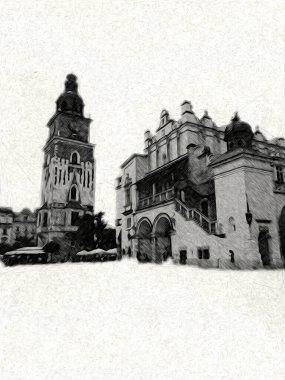 Eski şehir Krakow sanat illüstrasyonları antika