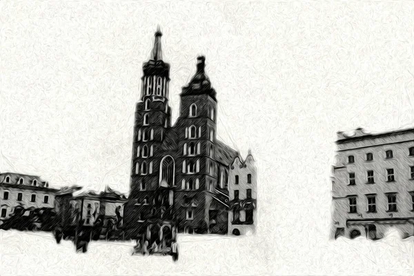 Παλιά Πόλη Krakow Τέχνη Απεικόνιση Ρετρό Τρύγος — Φωτογραφία Αρχείου