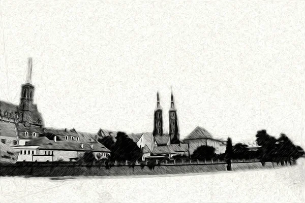 Wroclaw City Poland Retro Vintage Art Draw Sketch — 스톡 사진