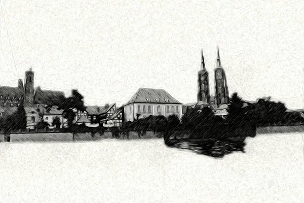 Wroclaw City Poland Rétro Vintage Art Dessin Croquis Illustration — Photo