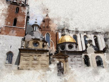 Eski şehir Krakow sanat illüstrasyonları antika