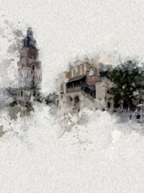 Eski şehir Krakow sanat illüstrasyonları antika