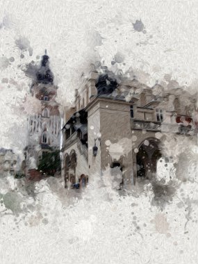 Eski şehir Krakow sanat illüstrasyonları antika