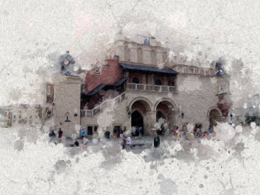 Eski şehir Krakow sanat illüstrasyonları antika