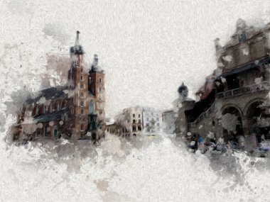 Eski şehir Krakow sanat illüstrasyonları antika