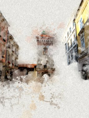 Eski şehir Krakow sanat illüstrasyonları antika