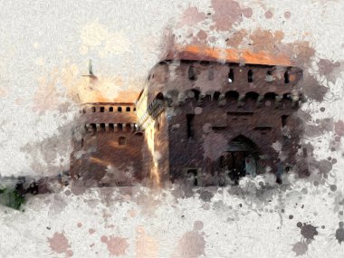 Eski şehir Krakow sanat illüstrasyonları antika