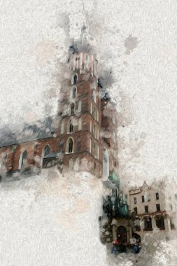 Eski şehir Krakow sanat illüstrasyonları antika