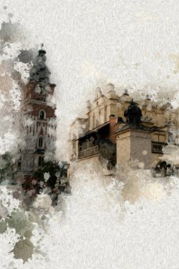Eski şehir Krakow sanat illüstrasyonları antika