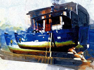 Yelkenli tekneler marina sanat illüstrasyonuna yerleştirildi.