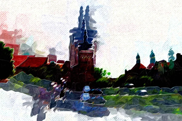 波兰格但斯克市建筑美丽景色的水彩画或图解 — 图库照片