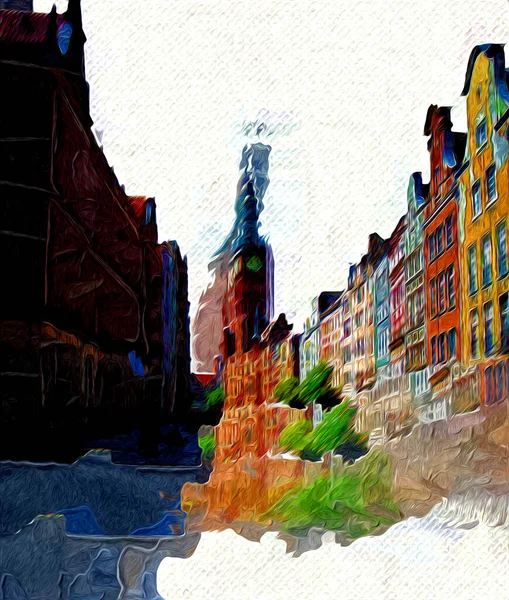 Dibujo Acuarela Ilustración Una Hermosa Vista Arquitectura Ciudad Gdansk Polonia —  Fotos de Stock