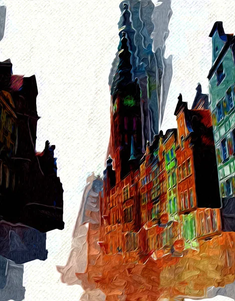 Dibujo Acuarela Ilustración Una Hermosa Vista Arquitectura Ciudad Gdansk Polonia — Foto de Stock