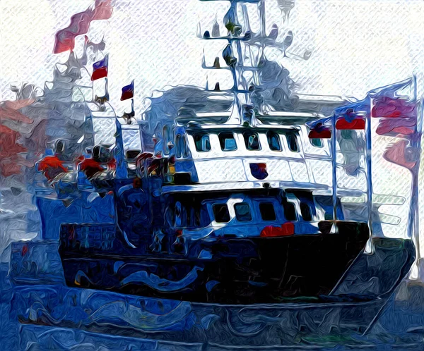 Voiliers Arrimés Jetée Illustration Art Portuaire Vintage Rétro — Photo