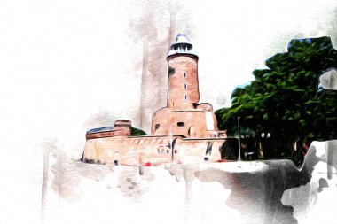 Kolobrzeg el çizimi suluboya deniz feneri illüstrasyon sanat eskizi çizimi
