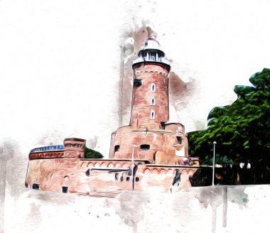 Kolobrzeg el çizimi suluboya deniz feneri illüstrasyon sanat eskizi çizimi