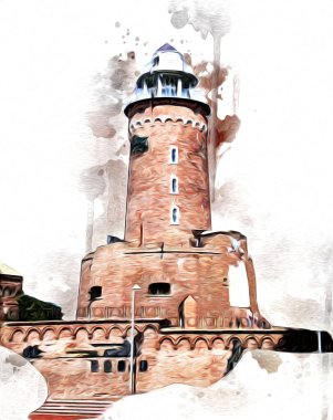 Kolobrzeg el çizimi suluboya deniz feneri illüstrasyon sanat eskizi çizimi