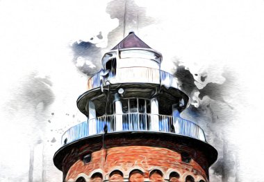 Kolobrzeg el çizimi suluboya deniz feneri illüstrasyon sanat eskizi çizimi