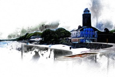 Kolobrzeg el çizimi suluboya deniz feneri illüstrasyon sanat eskizi çizimi