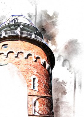 Kolobrzeg el çizimi suluboya deniz feneri illüstrasyon sanat eskizi çizimi