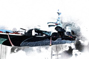 Savaş gemisi deniz illüstrasyonu antika sanat eseri çizimi