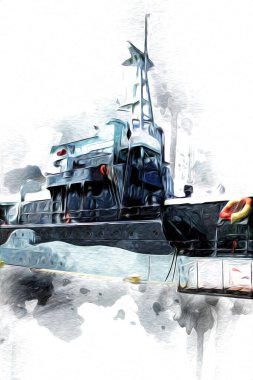 Savaş gemisi deniz illüstrasyonu antika sanat eseri çizimi