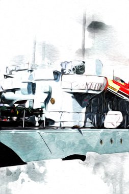 Savaş gemisi deniz illüstrasyonu antika sanat eseri çizimi