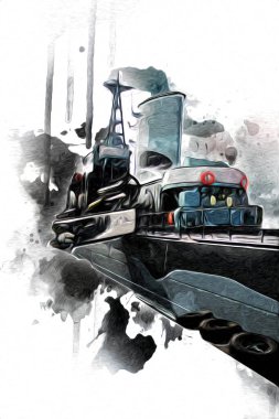 Savaş gemisi deniz illüstrasyonu antika sanat eseri çizimi