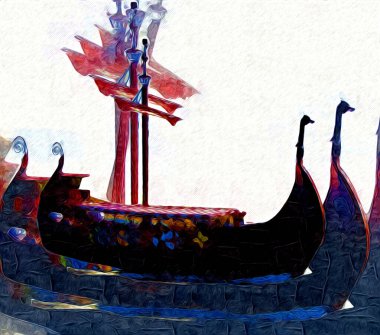 Deniz illüstrasyonunda yelken açan korsan gemisi klasik eskiz çiziyor.