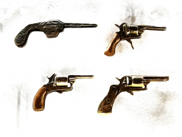 Revolver Illustrazione Pistola Vintage Disegnata Mano Set Vecchie Pistole Stile — Foto Stock