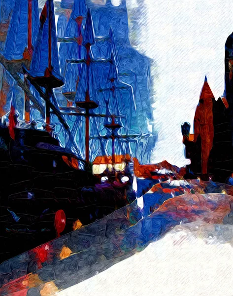 Nave Pirata Vela Sul Mare Illustrazione Arte Disegno Schizzo Vintage — Foto Stock