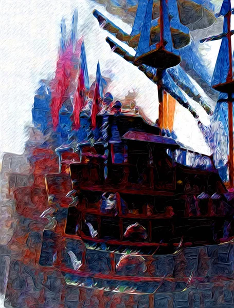 在海上航行的海盗船插图艺术素描素描 — 图库照片