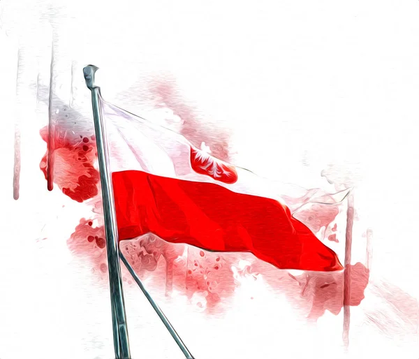 Polen Zwaaien Vlag Geïsoleerde Achtergrond Kunst Illustratie Tekening Vintage — Stockfoto