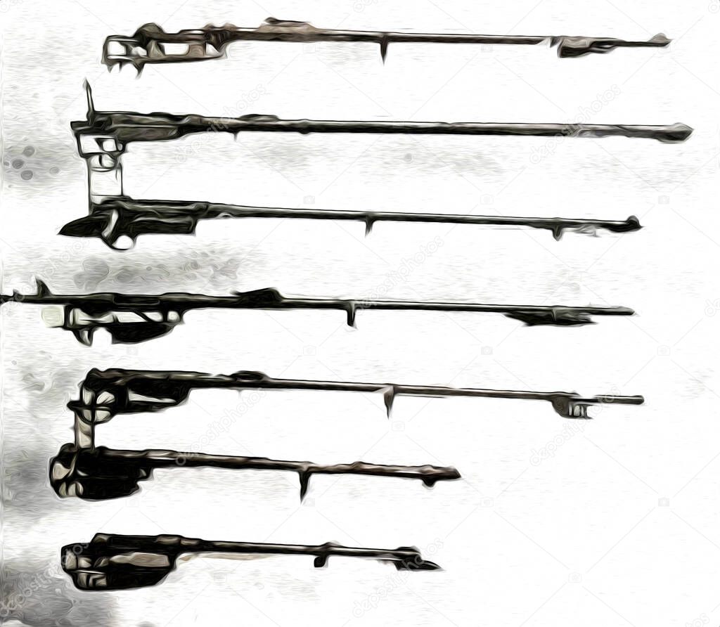 Revolver, hand drawn vintage gun illustration. Engraving style old pistols set