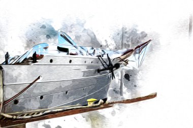 Antika tekne deniz motifi el yapımı sanat eseri çizimi