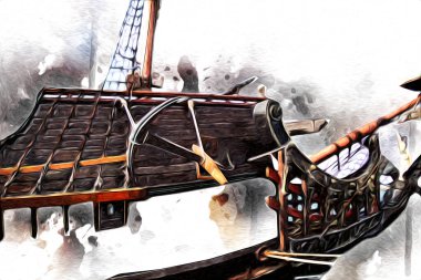 Antika tekne deniz motifi el yapımı sanat eseri çizimi