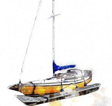 Yelkenli tekneler marina sanat illüstrasyonuna yerleştirildi.