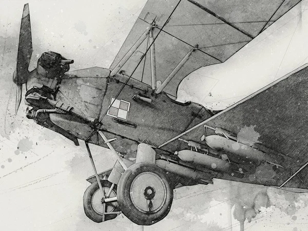 Old Fighter Plane Isolated White Background Art Vintage Retro Illustration — Stock Photo, Image
