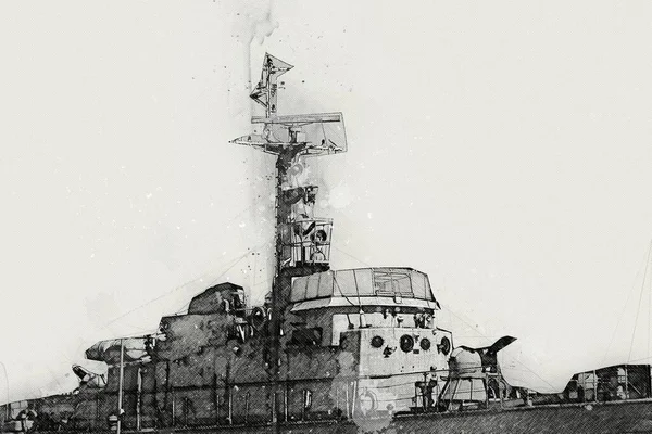 Navio Militar Atravessa Áspero Atlântico Mar Ilustração Vintage Retro Arte — Fotografia de Stock