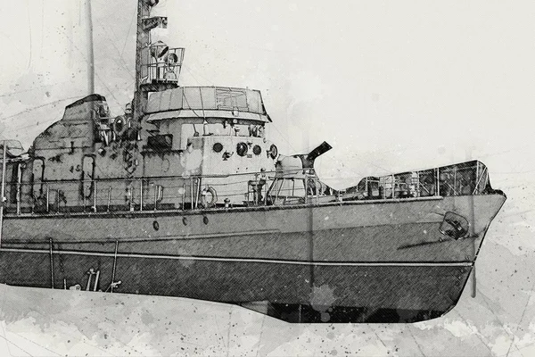 Navio Militar Atravessa Áspero Atlântico Mar Ilustração Vintage Retro Arte — Fotografia de Stock