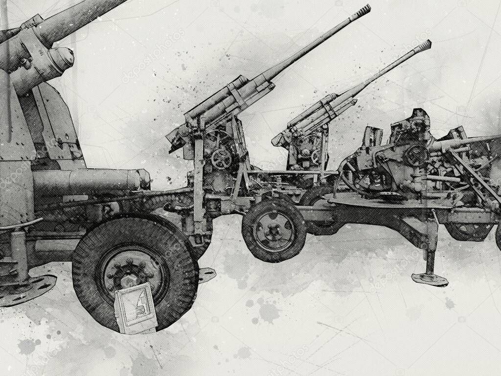 anti aircraft gun art illustration military drawing sketch